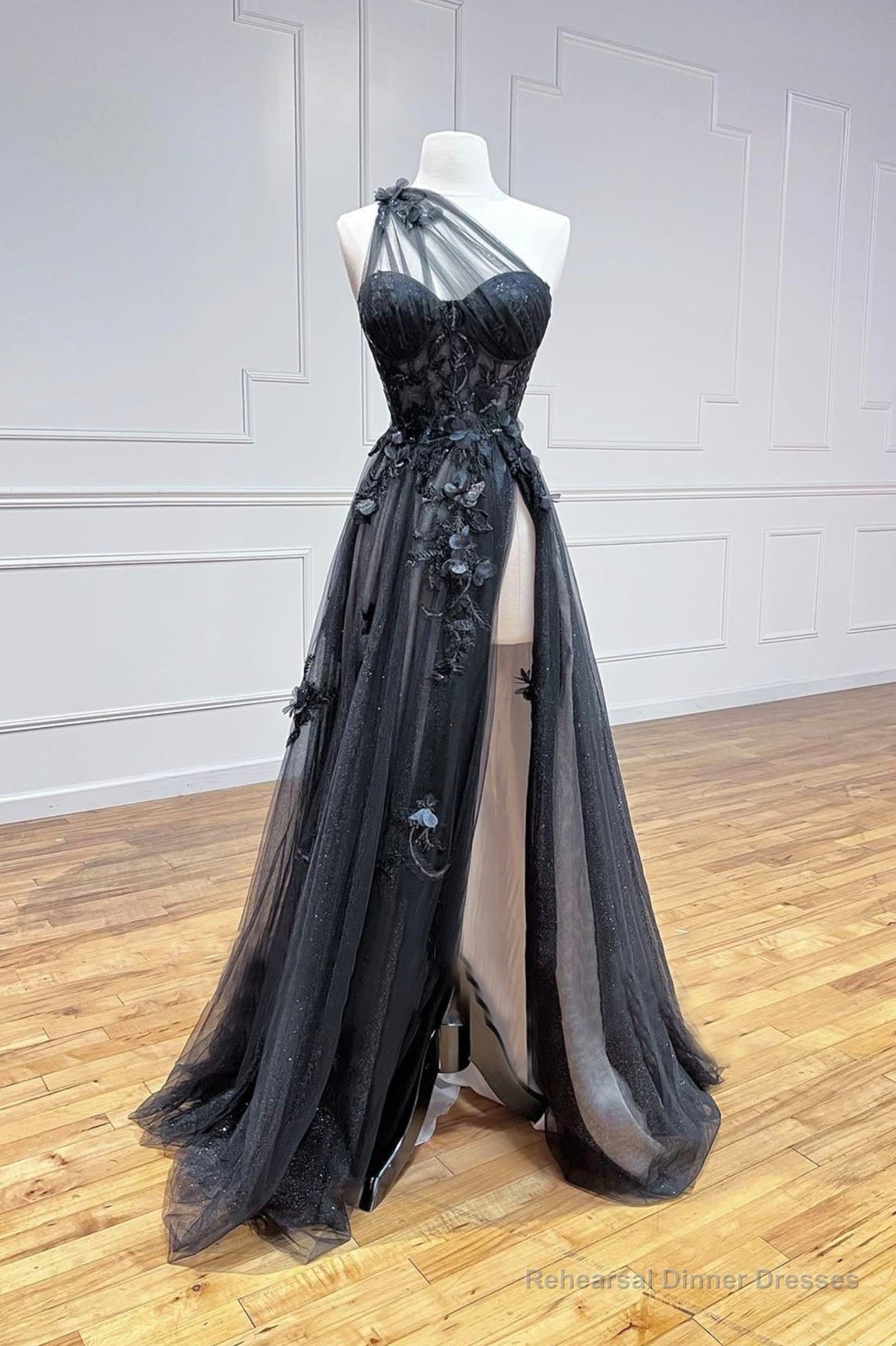 Black Tulle Lace Long Prom Dress, One Shoulder Evening Dress with Slit Main image