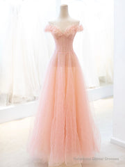 Pink Tulle Sequins Long Prom Dress, A-Line Lovely Evening Party Dress