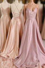 Simple V-Neck Satin Long Evening Prom Dress, A-Line Backless Evening Dress