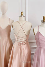 Simple V-Neck Satin Long Evening Prom Dress, A-Line Backless Evening Dress