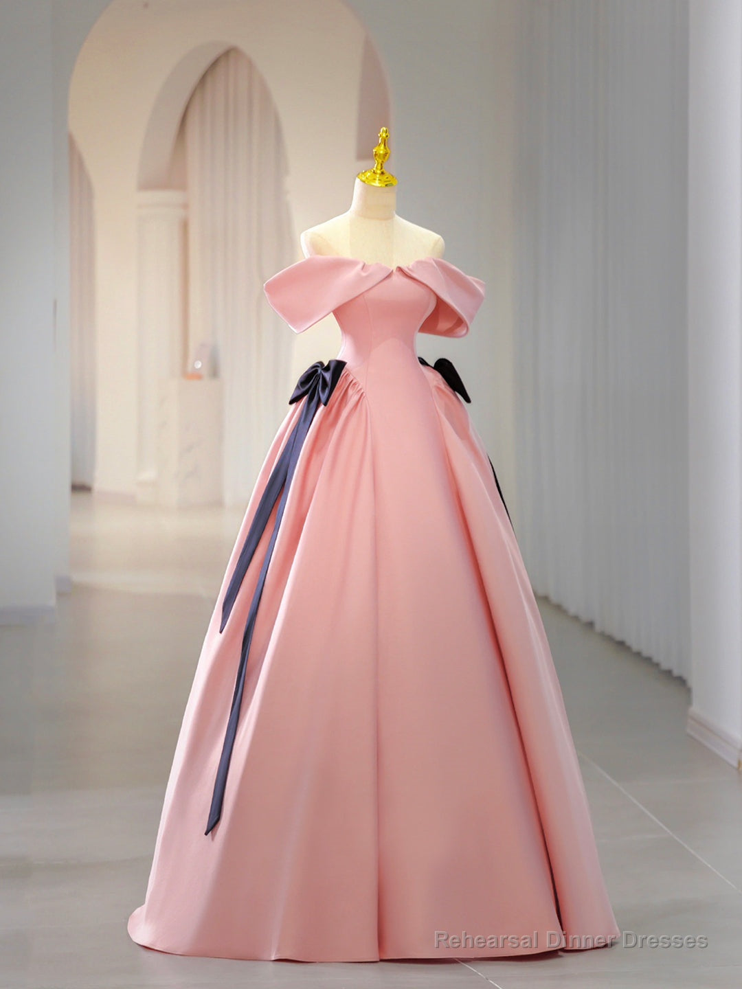 Pink Satin Floor Length Prom Dress, Off Shoulder Party Dress Main image