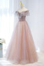 Pink Tulle Beaded Long Formal Dress, Pink V-Neck Prom Dress