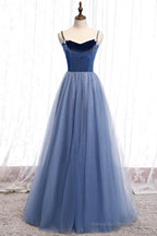 Blue Velvet Tulle Long Prom Dresses, Blue A-Line Evening Dresses