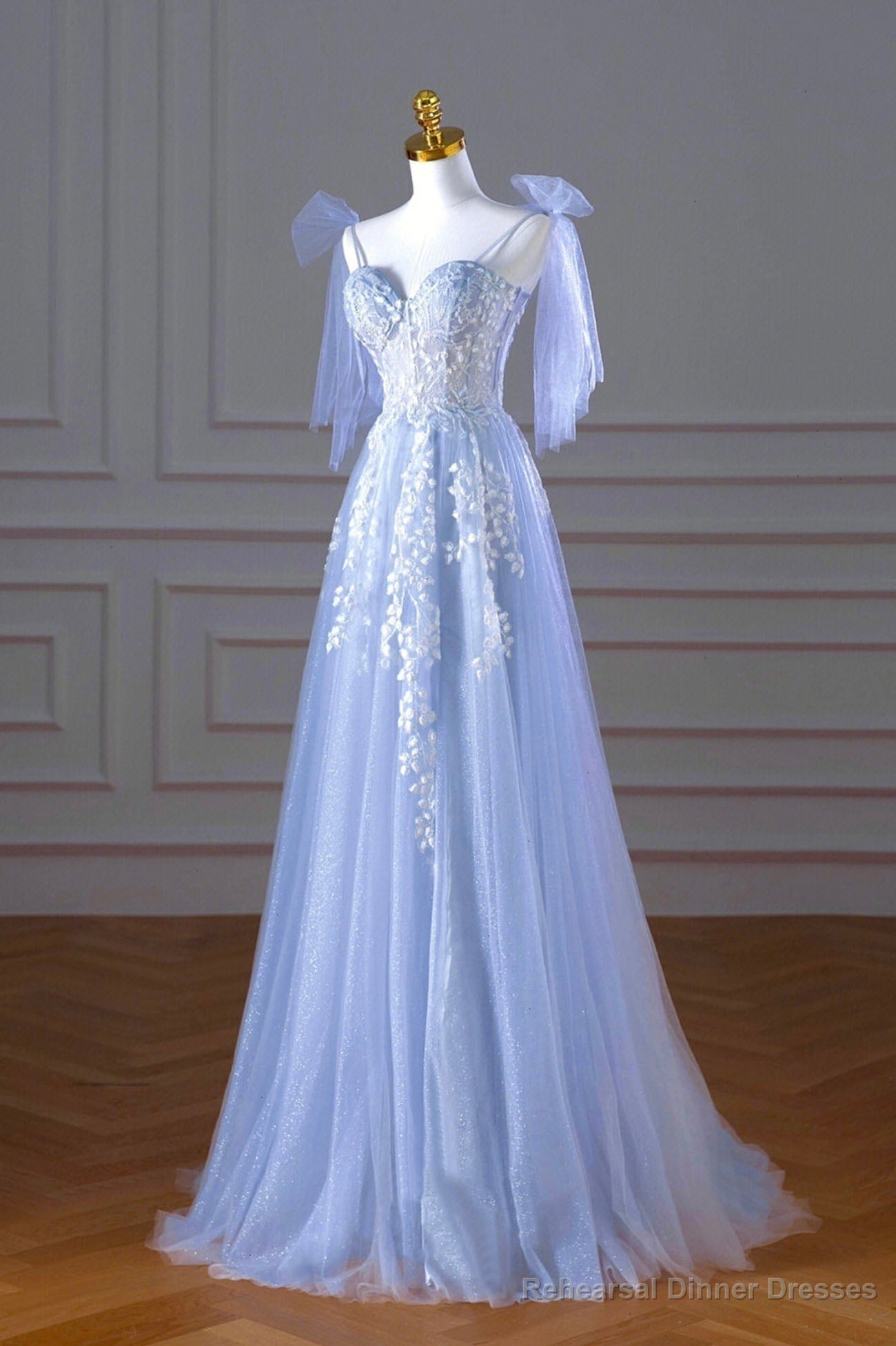 Blue Spaghetti Strap Tulle Lace Long Prom Dress, A-Line Evening Party Dress Secondary image