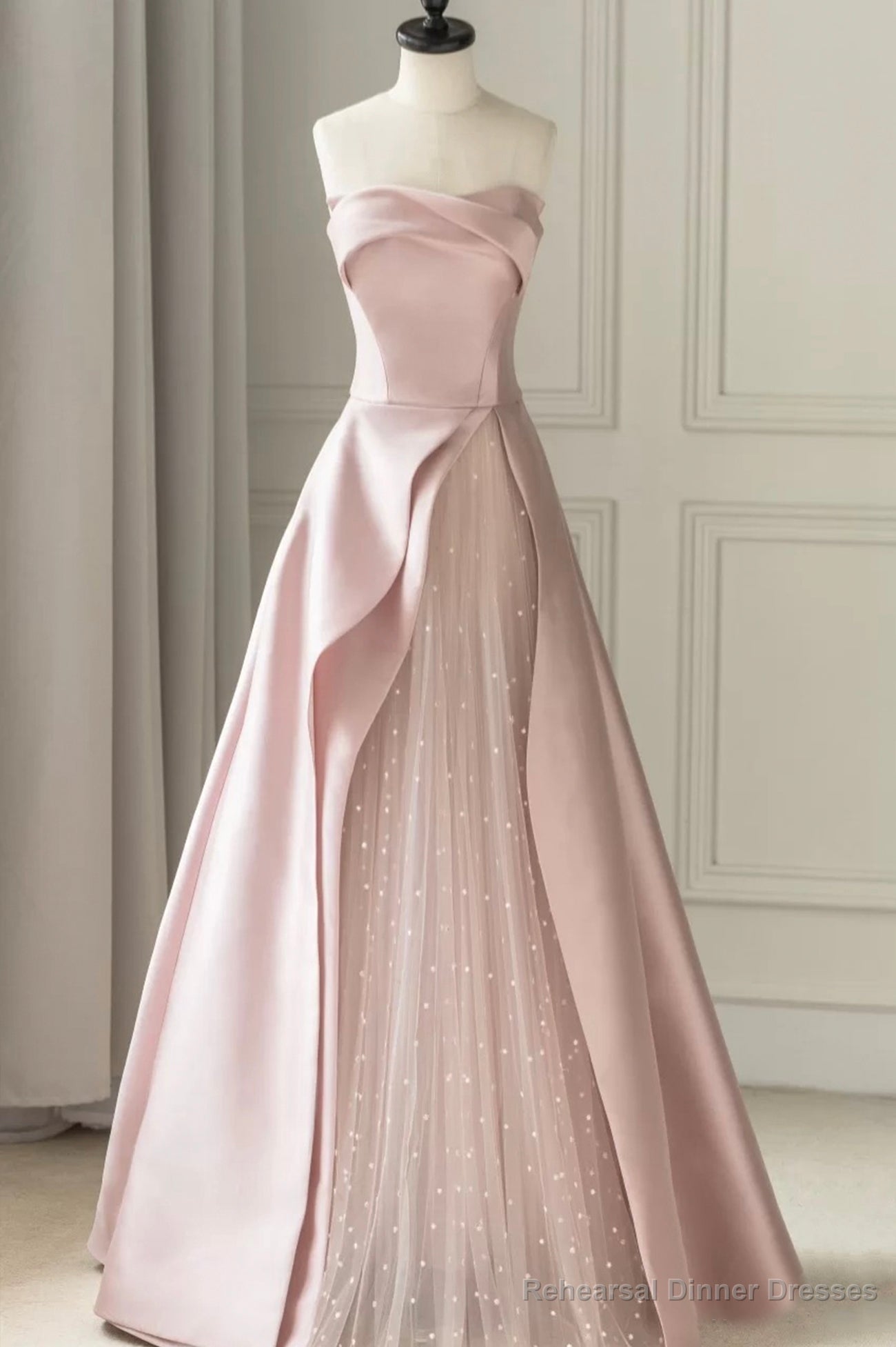 Pink Strapless Satin Floor Length Prom Dress, A-Line Formal Evening Dress Main image