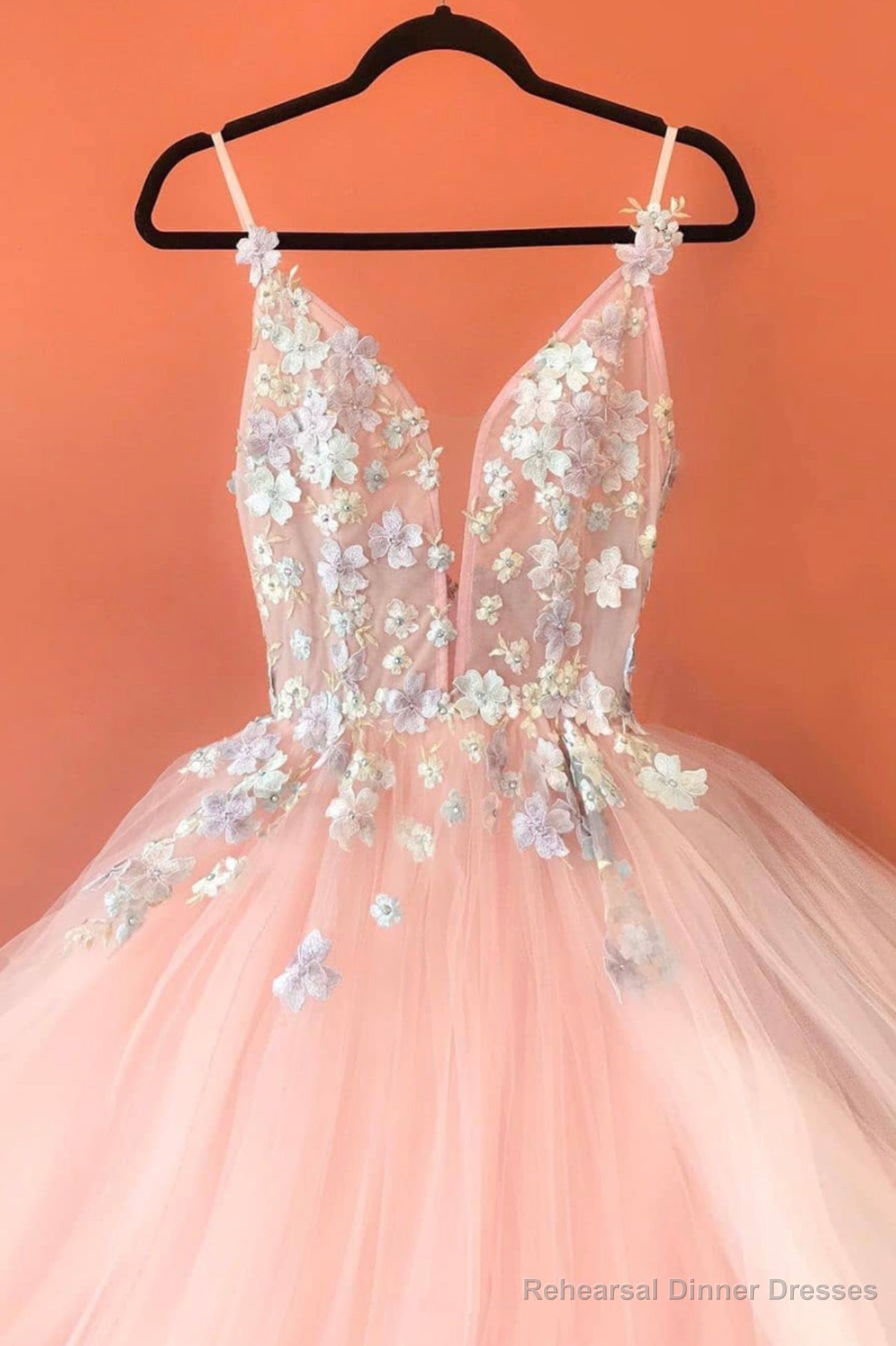 Pink V-Neck Tulle Lace Long Prom Dresses, Pink Evening Dresses Main image