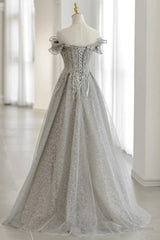 Grey Tulle Sequins Long A-Line Prom Dresses, Off the Shoulder Evening Dresses