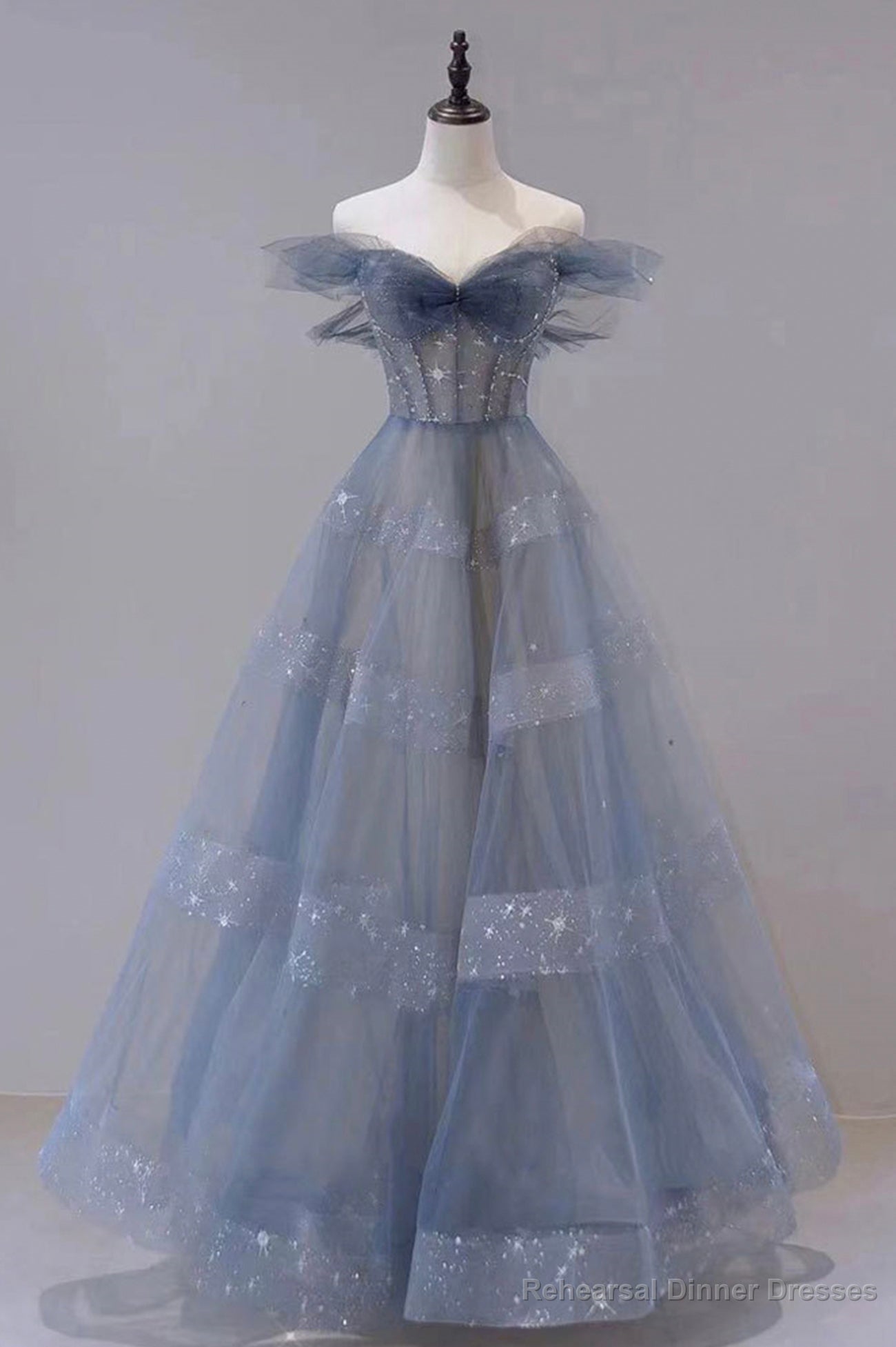 A-Line Off Shoulder Layers Tulle Long Evening Dress, Blue Formal Dress Main image