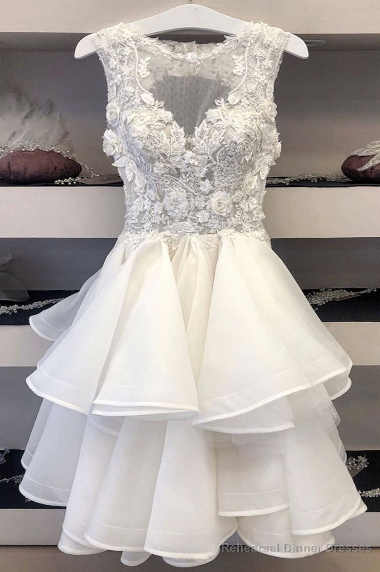 White Lace Short Prom Dresses, A-Line Lace Evening Dresses Main image