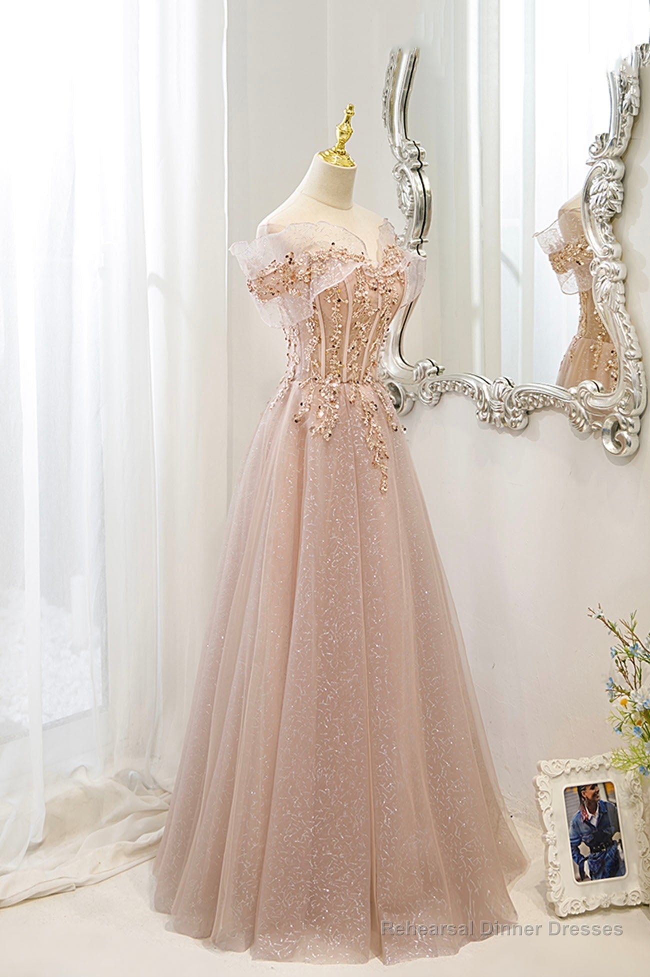Pink Tulle Sequins Long Prom Dresses, A-Line Off the Shoulder Evening Dresses Main image