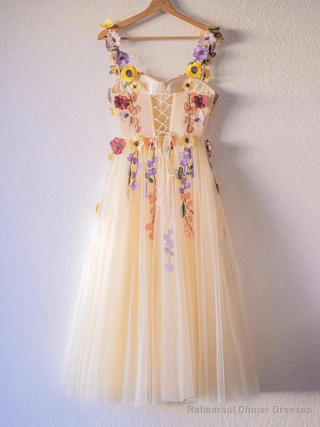 Champagne Corset Floral Tulle Party Dress, Cute A-Line Homecoming Dress Main image
