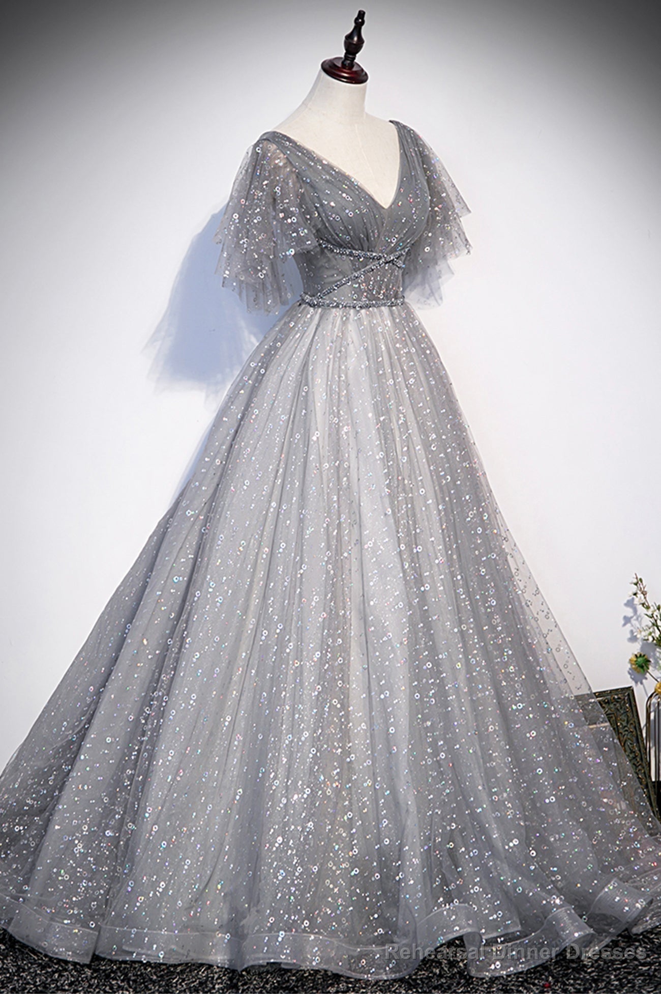 Grey V-Neck Tulle Long Prom Dresses, A-Line Evening Dresses Secondary image
