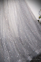 Grey V-Neck Tulle Long Prom Dresses, A-Line Evening Dresses