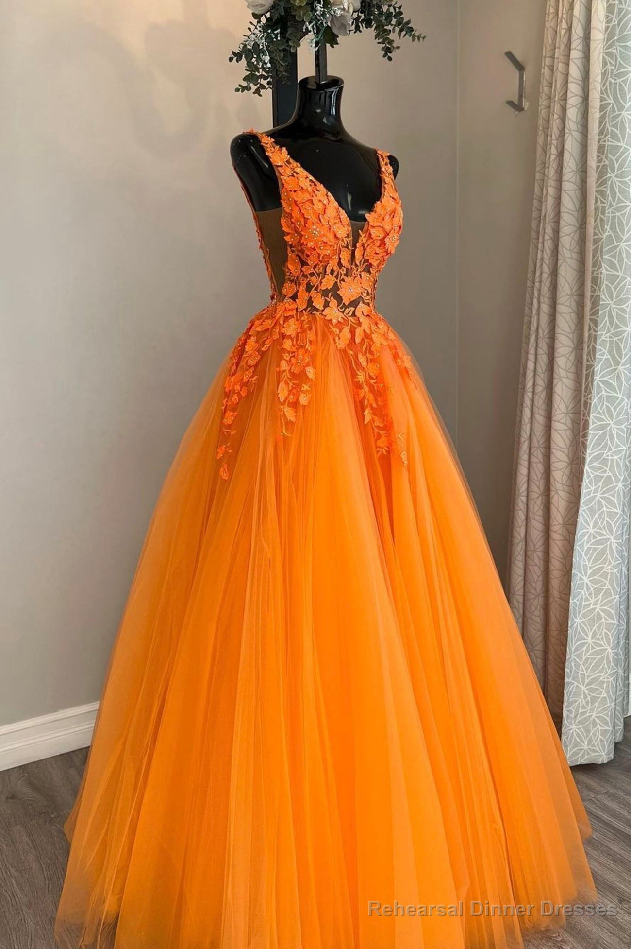 Orange V-Neck Lace Long Prom Dresses, A-Line Evening Party Dresses Main image