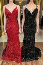 Mermaid Sequins Long Evening Prom Dress, Spaghetti Strap Backless Evening Party Dress