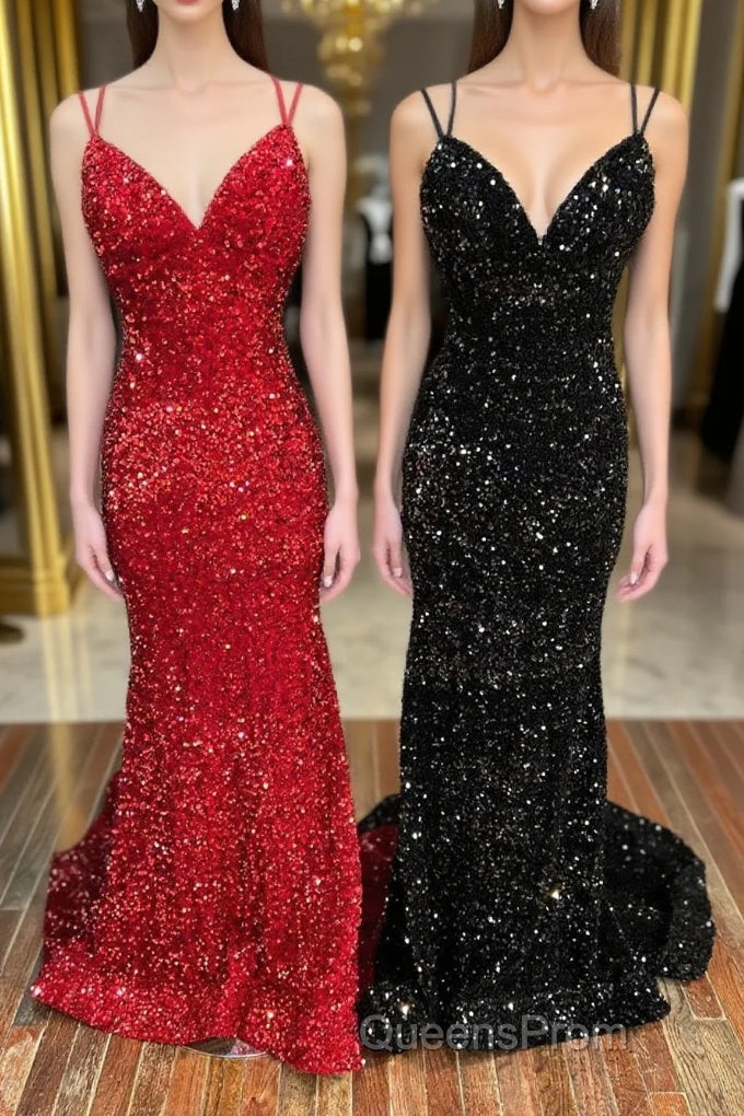 Mermaid Sequins Long Evening Prom Dress, Spaghetti Strap Backless Evening Party Dress