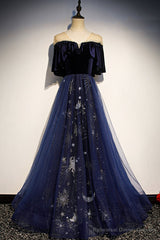 Blue Velvet Tulle Long Prom Dresses, Blue Formal Evening Dresses