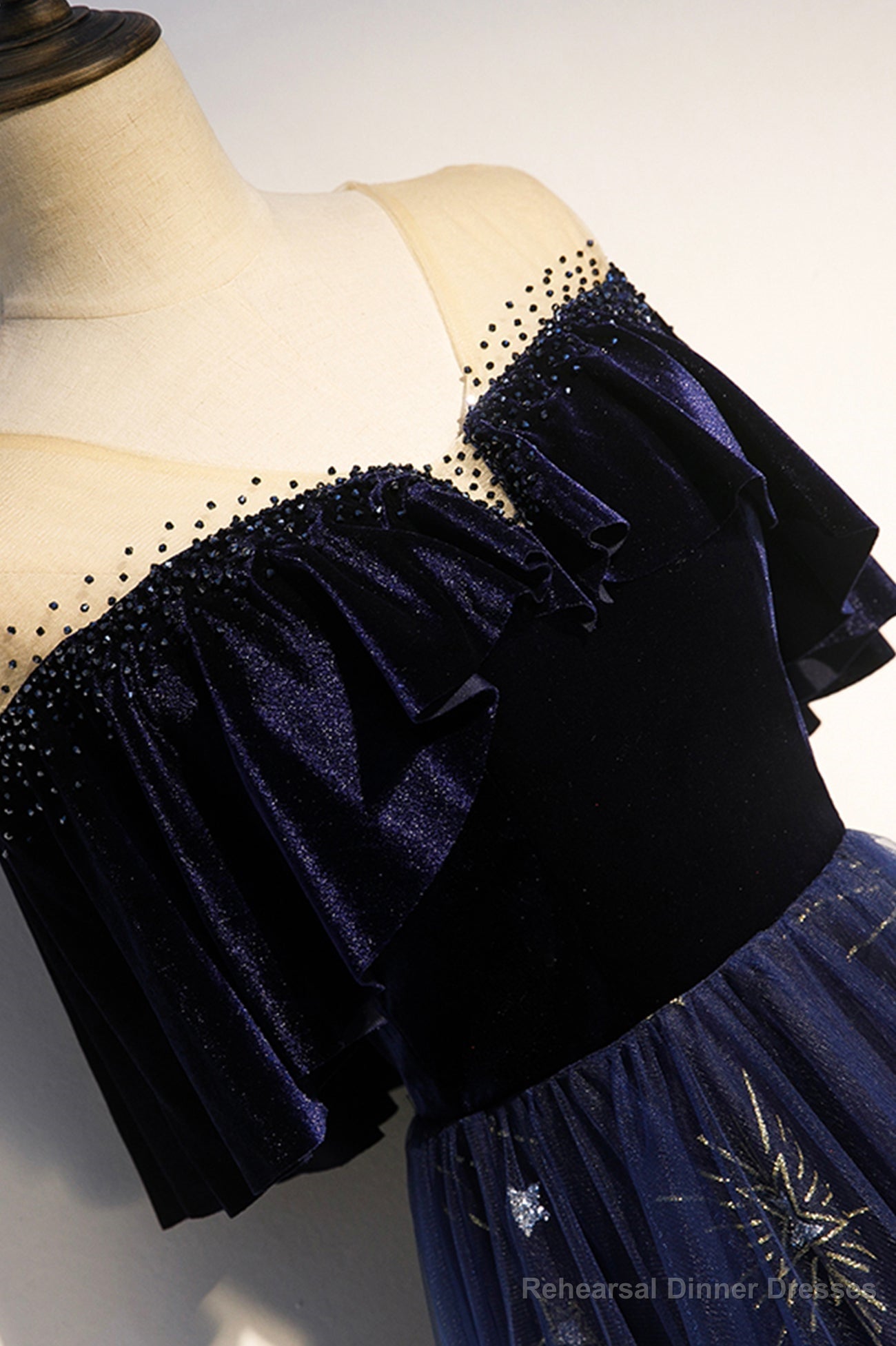 Blue Velvet Tulle Long Prom Dresses, Blue Formal Evening Dresses Secondary image