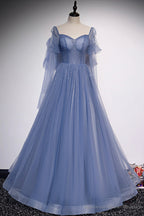 Blue Tulle Beading Long Prom Dresses, A-Line Formal Evening Dresses