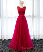 A Line Round Neck Tulle Long Evening Prom Dress, Lace Evening Dress