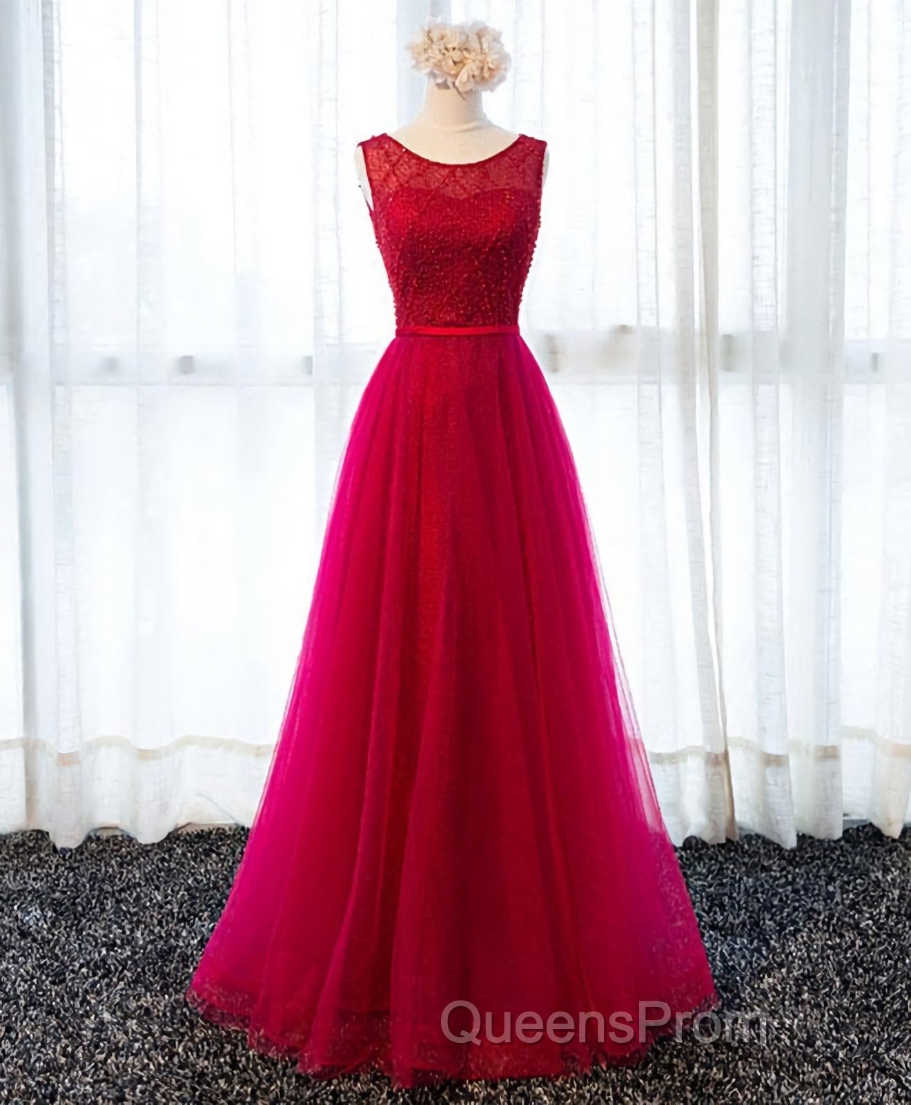 A Line Round Neck Tulle Long Evening Prom Dress, Lace Evening Dress