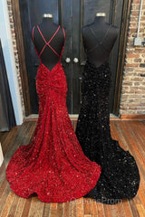 Mermaid Sequins Long Evening Prom Dress, Spaghetti Strap Backless Evening Party Dress