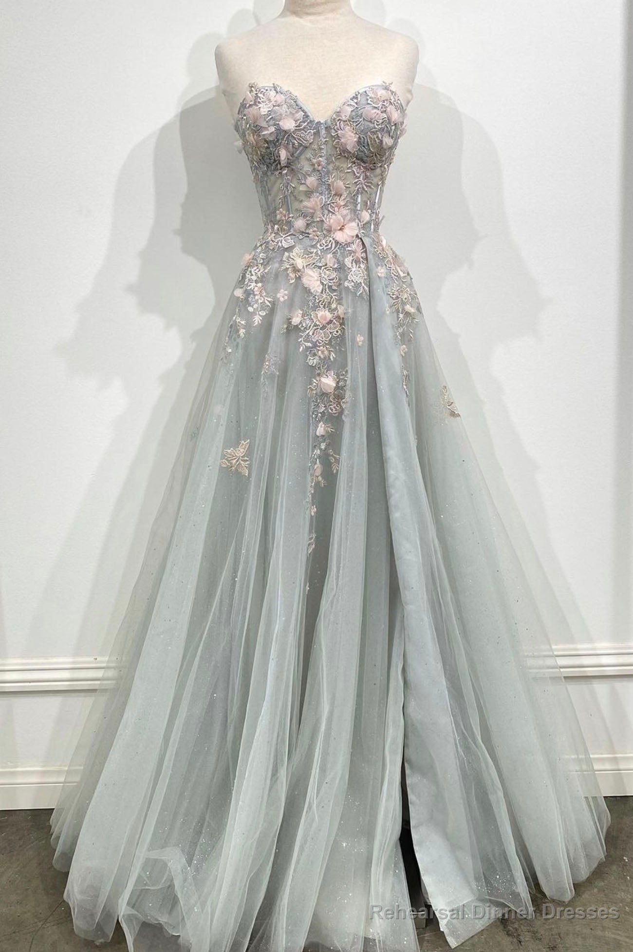 Gray Strapless Lace Long A Line Prom Gown, Graduation Dress Main image