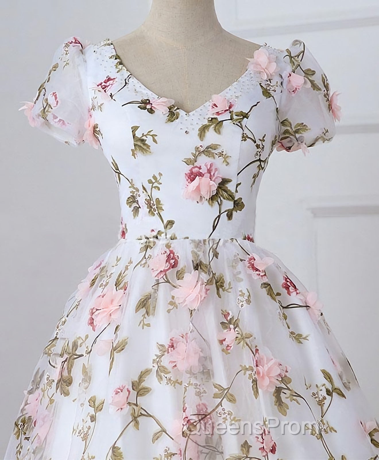 White V Neck 3D Flowers Long Evening Prom Dress, White Evening Dress Secondary image