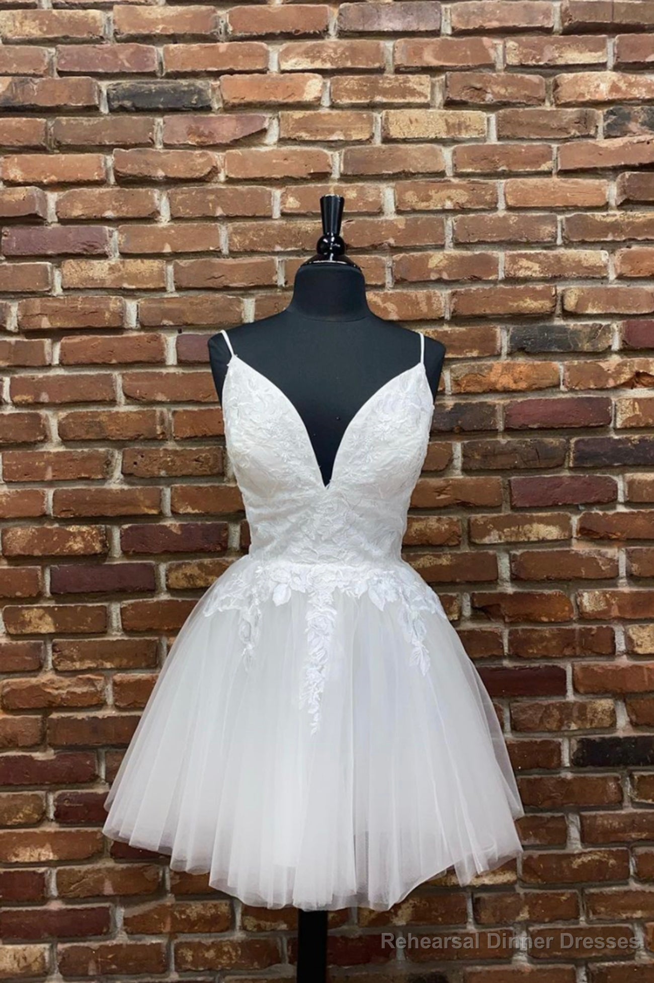 White V-Neck Tulle Lace Short Prom Dresses, Lace Evening Dresses Main image