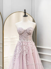 Cute Tulle Sweetheart Long Party Dress with Lace, Beautiful A-Line Evening Prom Dress
