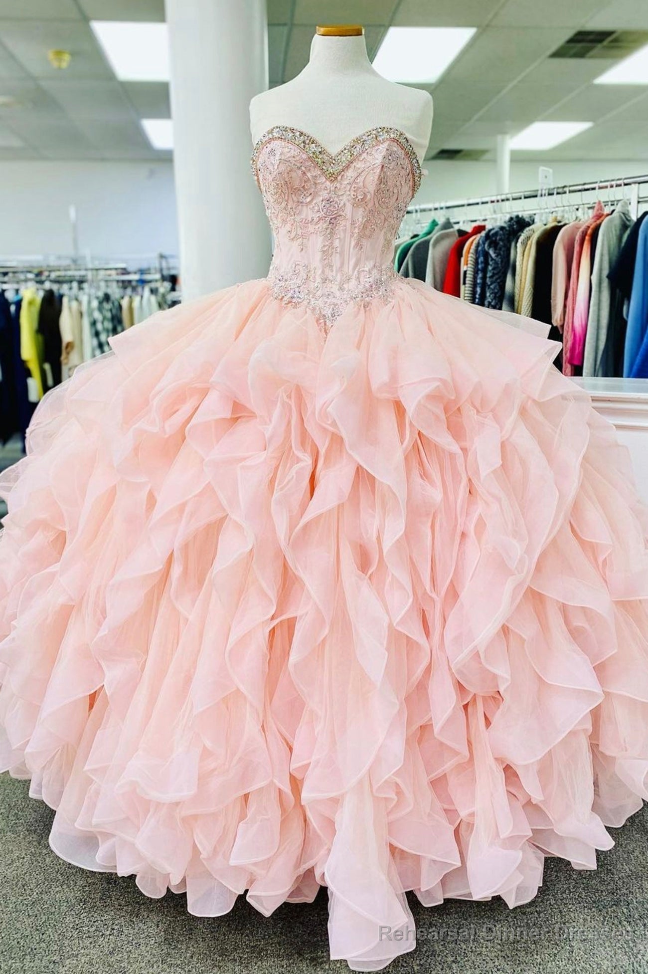 Pink Lace Beaded Long A-Line Ball Gown, Sweet 16 Dress Main image