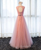 A Line Round Neck Tulle Long Evening Prom Dress, Lace Evening Dress