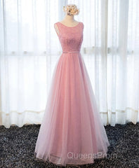 A Line Round Neck Tulle Long Evening Prom Dress, Lace Evening Dress