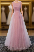 A Line Round Neck Tulle Long Evening Prom Dress, Lace Evening Dress