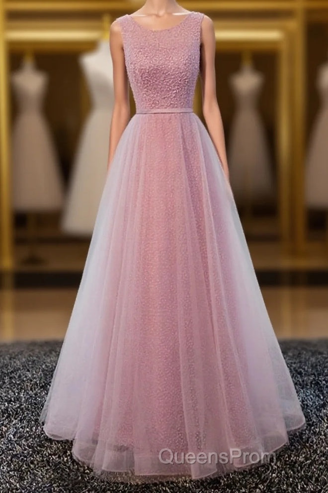 A Line Round Neck Tulle Long Evening Prom Dress, Lace Evening Dress