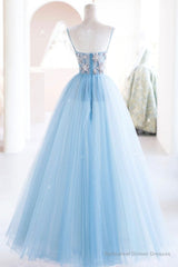 Blue Spaghetti Strap Tulle Beading Long A-Line Prom Dresses