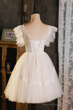 Cute Lace Short A-Line Prom Dress, Champagne Party Dress
