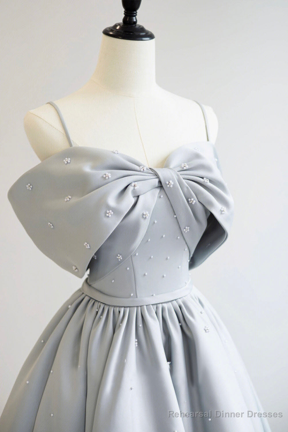 Gray Satin Long A-Line Prom Dress, Off the Shoulder Evening Dress with Pearls Secondary image