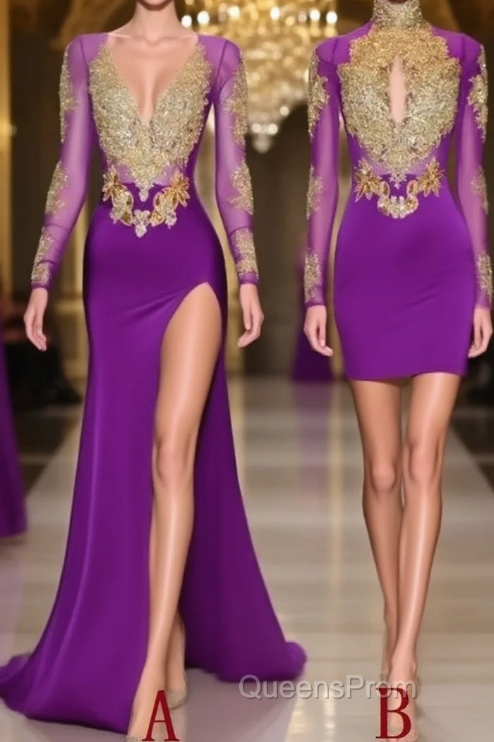 Unique Evening Prom Dress, Long Sleeve High Neck Beaded Split Evening Prom Dress