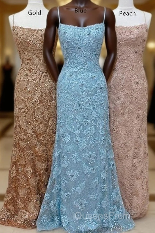 Straps Mermaid Blue Lace Appliques Long Evening Prom Dress Main image