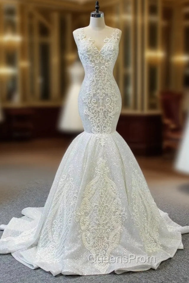 White Mermaid Sequins V-neck Appliques Beading Wedding Dress Main image