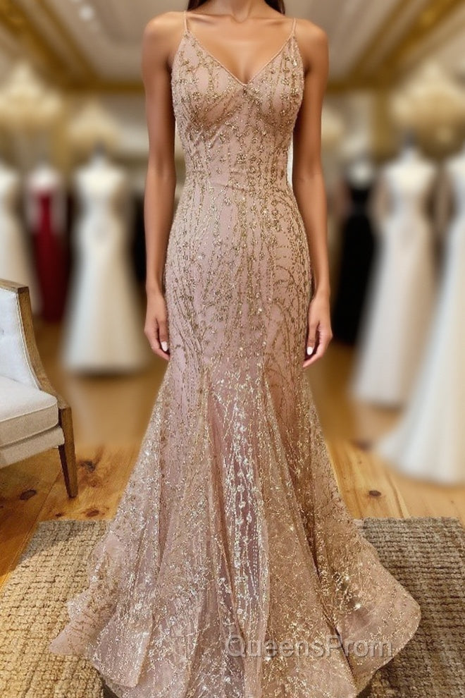 Mermaid V-Neck Rose Gold Long Evening Prom Dress with Criss Cross Back Main image