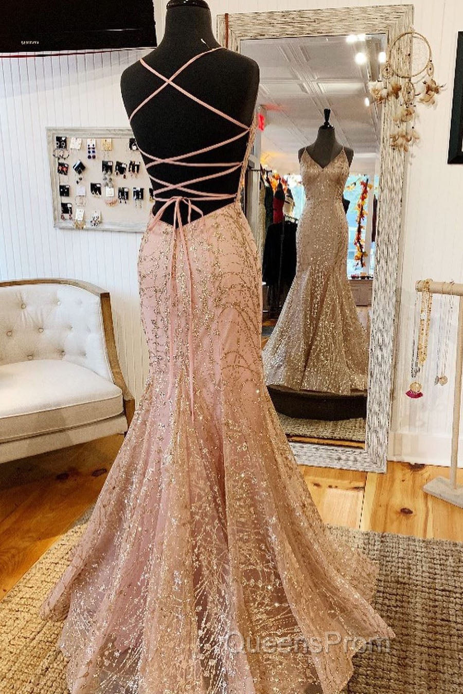 Mermaid V-Neck Rose Gold Long Evening Prom Dress with Criss Cross Back Secondary image