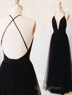 Simple A-line V Neck Navy Blue Long Evening Prom Dress