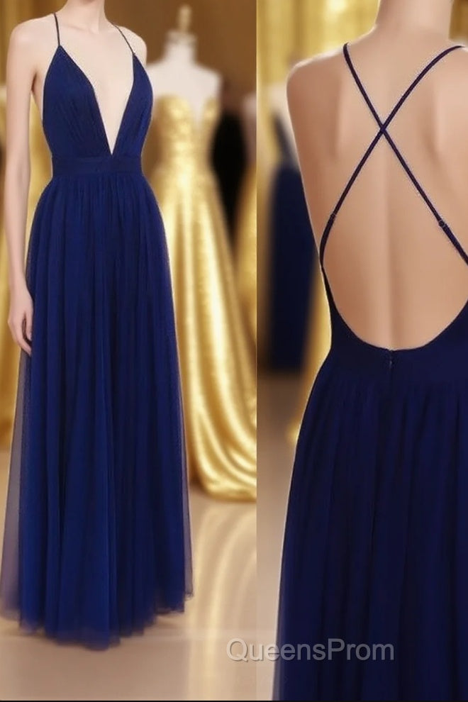 Simple A-line V Neck Navy Blue Long Evening Prom Dress Main image