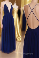 Simple A-line V Neck Navy Blue Long Evening Prom Dress