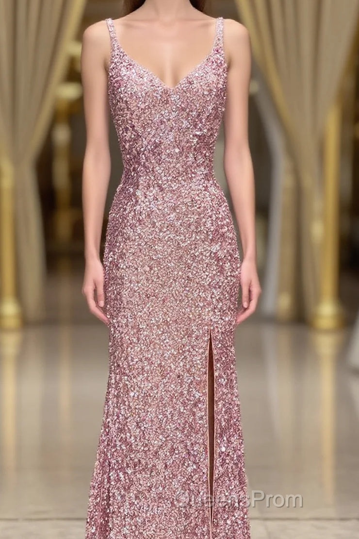 Gorgeous Mermaid V-Neck Pearl Pink Long Evening Prom Dress with Slit Main image