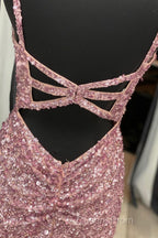 Gorgeous Mermaid V-Neck Pearl Pink Long Evening Prom Dress with Slit