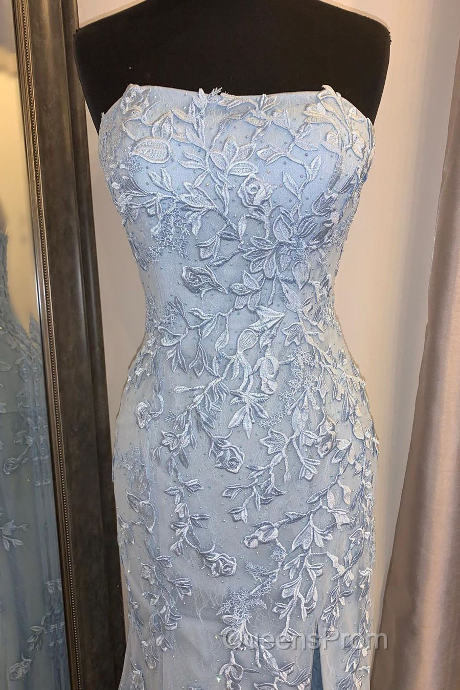 Elegant Strapless Mermaid Sky Blue Long Lace Evening Prom Dress with Slit Secondary image