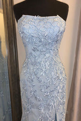 Elegant Strapless Mermaid Sky Blue Long Lace Evening Prom Dress with Slit